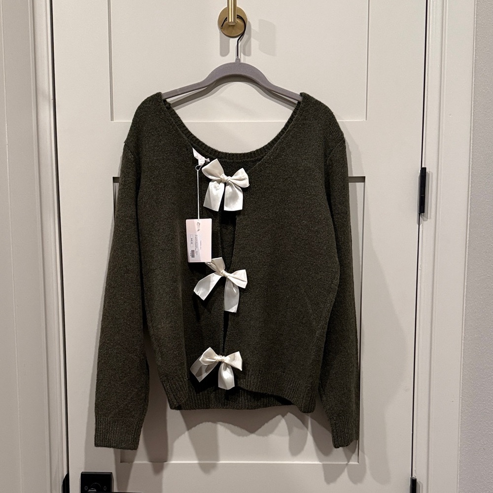 Olive Green Sweater with Bow Accents